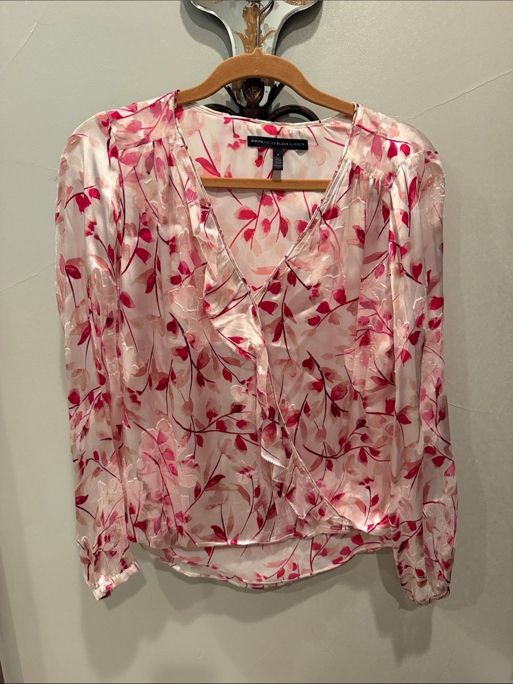 White House Black Market Pink Floral Ruffle V-Neck Long Sleeve Blouse